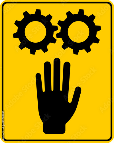 Yellow warning sign. Danger from moving machine parts