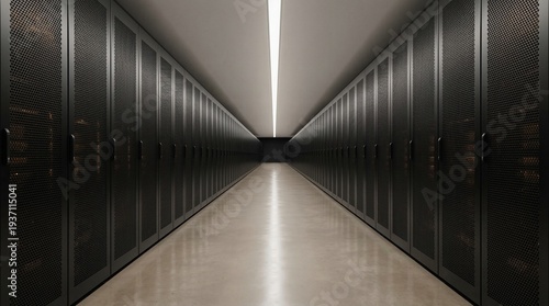 View down a long dark hallway of server racks in a modern data center with a clean floor and linear ceiling lights, IT infrastructure concept, data storage.