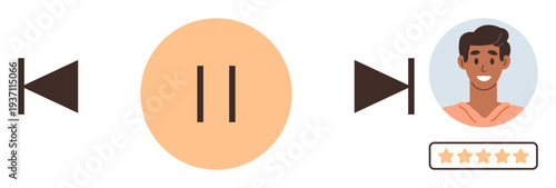 User interface, multimedia control, streaming service, online profiles, user reviews, rating systems. Media playback controls with pause, back, and forward icons next to a user avatar and rating