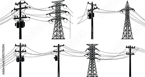 Silhouettes of high voltage power transmission pylons and electric utility poles with cables and transformers on a white background.