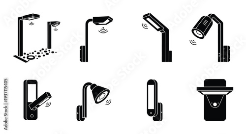Various perspectives of modern streetlights with integrated payment terminals