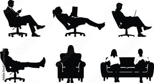 Silhouettes of people sitting in office chairs and on sofas using laptops and phones representing modern relaxation and remote work