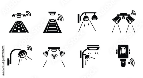 Various perspectives of modern streetlights with integrated payment terminals