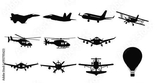 Silhouettes of various aircraft including planes helicopters and a balloon