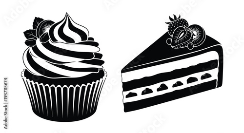 Black and white illustration of a cupcake and a slice of chocolate cake