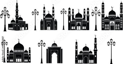 Silhouettes of various mosque buildings with minarets and domes featuring ornate crescent moons and traditional vintage street lamp posts.