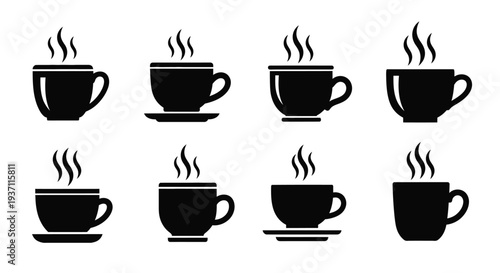 Eight black silhouette icons depicting steaming coffee cups on white