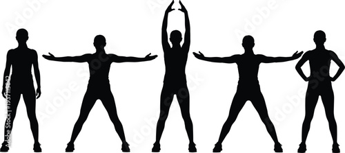 Silhouettes of five people performing star jumps and arm raises on white Keywords: silhouette, people, exercise, fitness, jumping