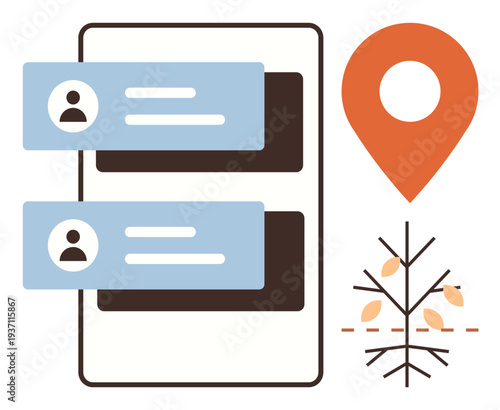 Messaging apps, navigation, communication, user interface, social media, connectivity. Two chat bubbles, a location pin and a minimal tree. Messaging and navigation interface design concept