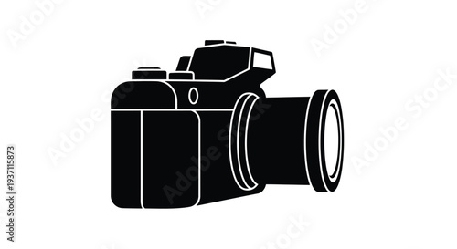 Black silhouette of a digital single lens reflex camera on a white background