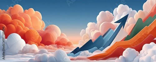 Panel kuchenny z motywem Abstract neon cloudscape with rising arrows in vibrant blue, orange, and red tones.