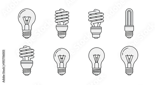 Variety of light bulbs in a simple black and white line drawing