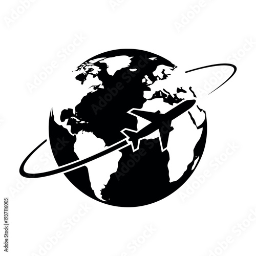 Black silhouette of a globe with an airplane flying around it