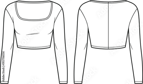 A black and white line of a sleeveless with a square neckline and elasticated hem and cuffs line sleeveless square neckline