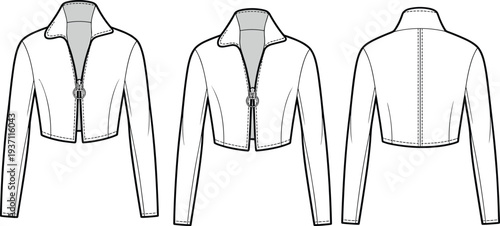 Three views of a short sleeved white zippered jacket with a collar and two pockets short sleeves