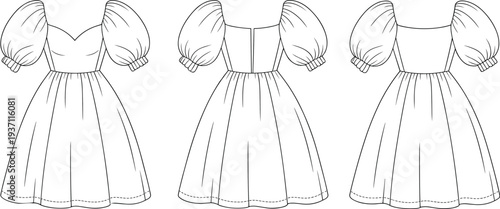 Three White Dresses with Puffed Sleeves and Full Skirts in Line Style line fashion