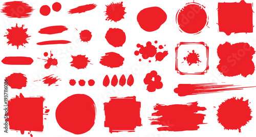 A collection of various red blood splatter shapes and sizes on a white background for artistic or design use