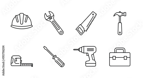 Collection of construction tools depicted in simple line art style