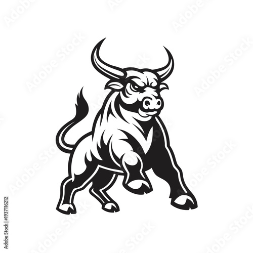 Intimidating bull with prominent horns and muscular physique stares intensely forward in striking black and white