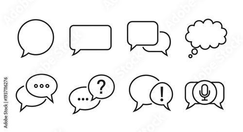 Collection of simple black outline speech bubbles and thought balloons