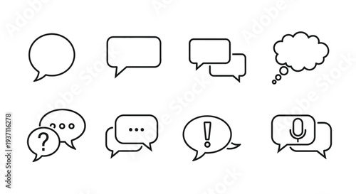 Collection of minimalist line art speech bubbles and thought balloons
