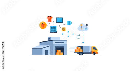 E-commerce Logistics & Supply Chain Management: Warehouse, Delivery Truck, Cloud Data & Global Distribution for Modern Business Operations