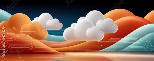 Panel kuchenny z motywem Abstract cloud landscape with circuit patterns and colorful hills for technology and design visuals