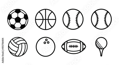 Collection of various sports balls in simple black and white line art