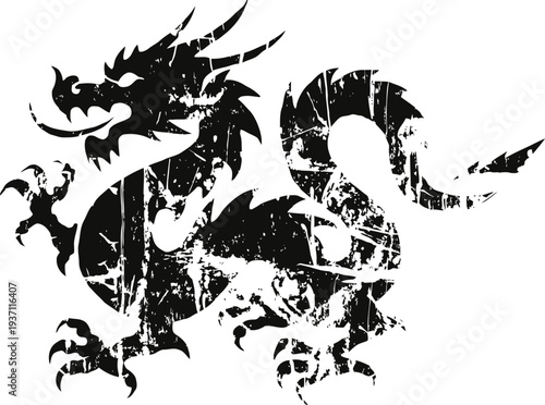 Grunge black dragon silhouette with fierce expression and sharp claws on white background