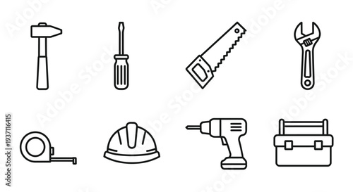 Collection of black and white line art tools for construction work