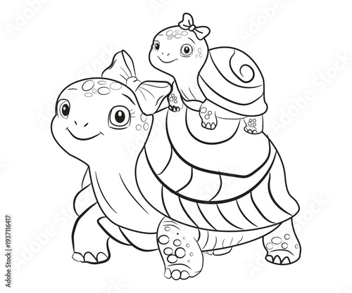 Cute baby and mama tortoise line art drawing for children colouring book