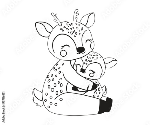 Cute baby and mom deer for Mother's Day coloring book for printing purpose, Mother's Day illustration  