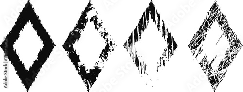 Grunge diamond shapes set distressed textured geometric design elements in black and white