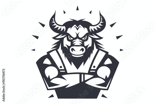 A fierce bull's head with intimidating eyes is contained in a circular emblem shape