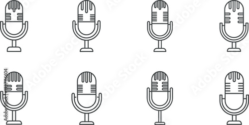 Microphone line icon set, vintage studio mic symbols collection, podcast recording and audio broadcast equipment outline vector illustration isolated