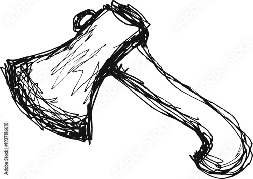 Hand drawn axe illustration rough sketch of carpenter tool with wooden handle and sharp blade