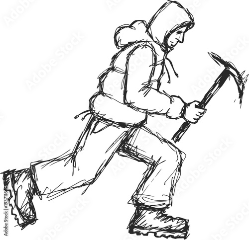 Mountain climber with ice axe ascending steep terrain in winter gear, outdoor adventure illustration