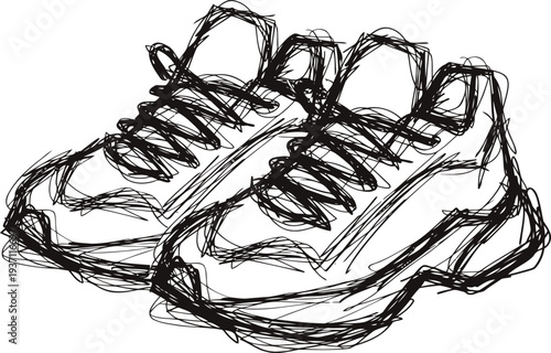 Hand drawn sketch of a pair of modern sneakers with laces and thick soles