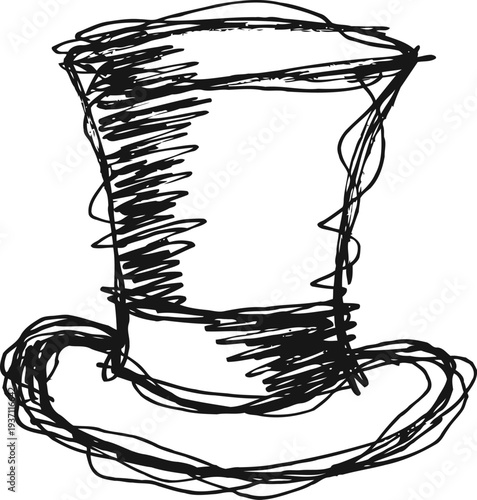 hand drawn sketch of a tall vintage top hat with wide brim in black ink doodle