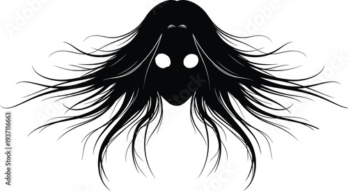 Spooky black silhouette of a long-haired spirit or ghost with glowing white eyes isolated on a white background for horror.