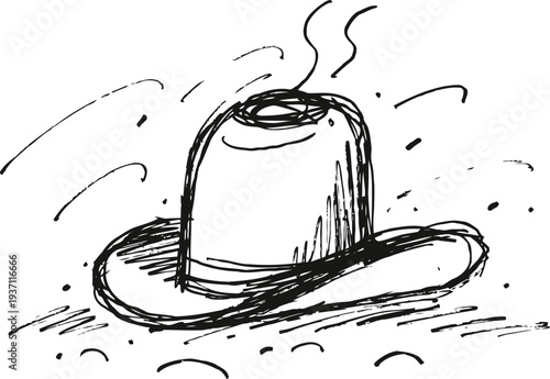 Cowboy hat emitting steam or heat lines, sketch doodle illustration with textured strokes