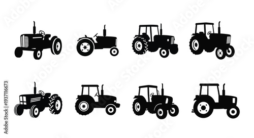 Collection of black silhouette farm tractors in various styles and designs