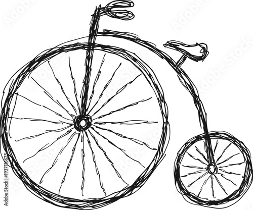 Vintage penny farthing bicycle sketch with large front wheel and small rear wheel