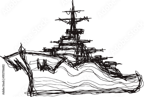 abstract sketch of a battleship with detailed antennas and hull in black ink