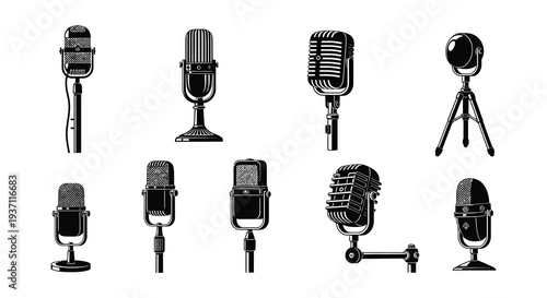 Collection of vintage microphones in black and white illustrations