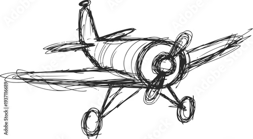 vintage airplane sketch hand drawn propeller aircraft flying retro aviation drawing black and white