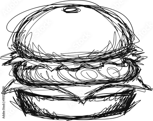 hand drawn burger sketch with lettuce, tomato, cheese, and sesame seed bun fast food illustration