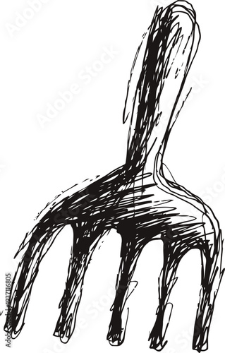 Hand drawn garden rake sketch with four prong metal head and wooden handle