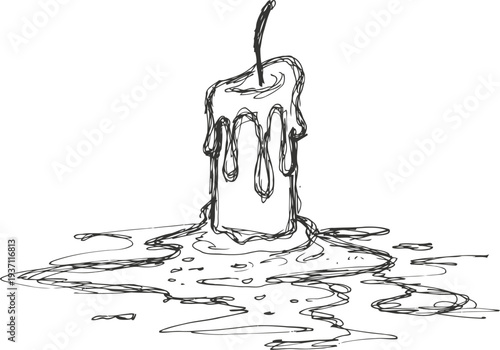 Melting candle with dripping wax and melted puddle on surface, hand drawn sketch illustration