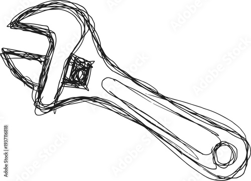 Adjustable wrench sketch hand drawn tool with open jaw and handle line art illustration